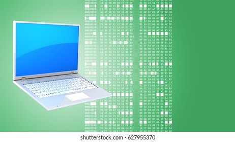 abstract 3d gree background and laptop pc   hexadecimal code