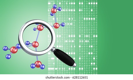 abstract 3d gree background and molecular structure magnify glass   hexadecimal code