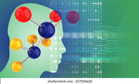 abstract 3d gree background and molecule head silhouette   hexadecimal code
