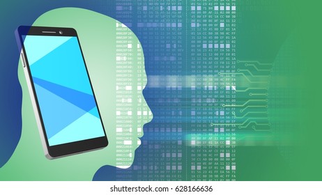 abstract 3d gree background and phone head silhouette   hexadecimal code