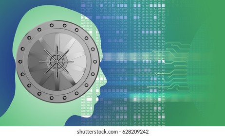 abstract 3d gree background and vault door head silhouette   hexadecimal code