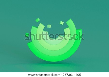 Abstract 3D green circular chart with floating cubes on a teal background. Modern minimal design, no people, ideal for tech, data, or infographic visuals.