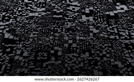 Abstract 3D grid with small, dark cubes overlaying each other. Complex geometric pattern creates dynamic visual texture, hinting at depth and volume through varying shades of black