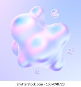 Abstract 3d holographic gradient drop liquid shape. Liquid metal bubbles splash. 3d rendering.