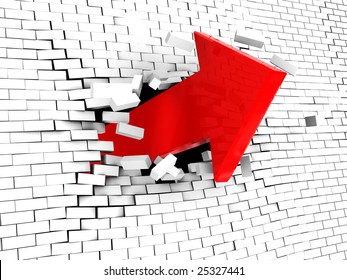 Abstract 3d Illustration Of Arrow Breaking White Brick Wall