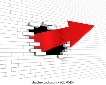 Abstract 3d Illustration Of Arrow Breaking White Brick Wall