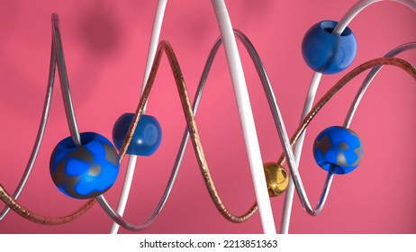 Abstract 3d Illustration Of Atoms Moving Along Dna Spiral. Science Concept Background. 3D Illustration