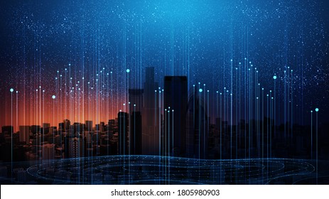 Abstract 3D Illustration Of Big Data In Modern City With Information Threads Plot Lines Over Night Cityscape, Panorama