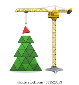 Abstract 3d Illustration Of Crane Building Christmas Tree, Over White Background