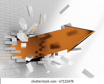 Abstract 3d Illustration Of Golden Arrow Breaking Brick Wall