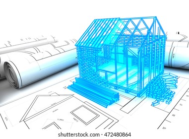 abstract 3d illustration of house design project