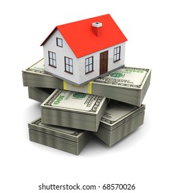 Abstract 3d Illustration Of House On Money Stack, Real Estate Business Concept