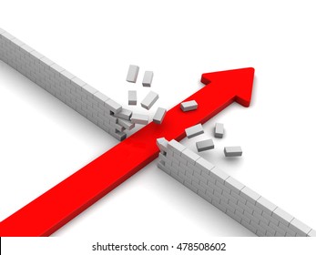 Abstract 3d Illustration Of Red Arrow Breaking Brick Wall Barrier