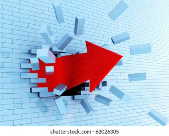 Abstract 3d Illustration Of Red Arrow Breaking Blue Bricks Wall