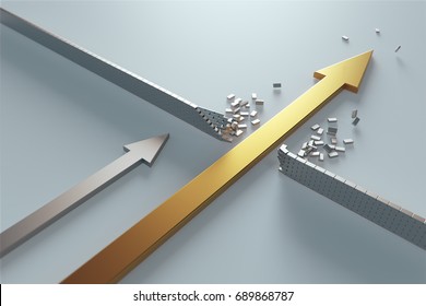 Abstract 3d Illustration Of Red Arrow Breaking Brick Wall Barrier