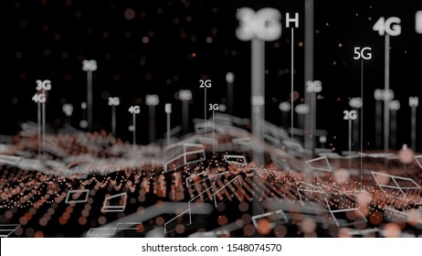 Abstract 3D illustration represent 5G, 4G, 3G, 2G mobile technology. Dark background, plexus, dof effect