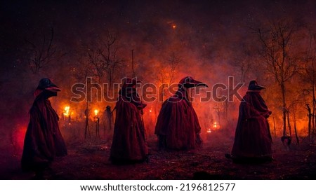 An abstract 3D illustration of robed plague doctors in a fire lit forest at night Stockfoto © 