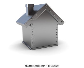 Abstract 3d Illustration Of Steel House Safe Over White Background