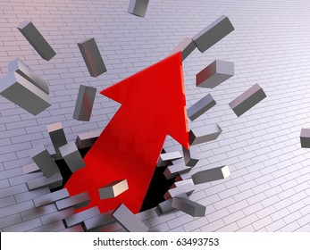 Abstract 3d Illustration Of Strong Arrow Breaking Brick Wall