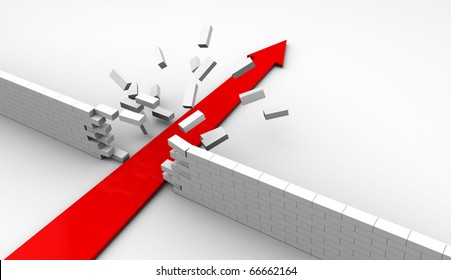 Abstract 3d Illustration Of Strong Arrow Breaking White Brick Wall