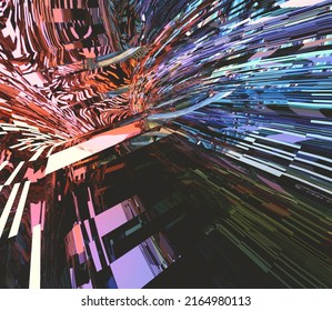 abstract 3d illustration of wavy messy tunnel of reflective colored lines with blur