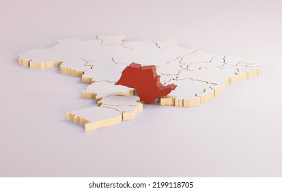 Abstract 3d Illustration Of White Brazil Map Divided Into States With The State Of Sao Paulo Discarded In Red In Soft Pink Light Background With Blur