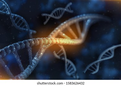 Abstract 3d Image Render Of Dna Chain On Blurred Background. Gene Mutation Science, Healthy And Medical Medicine Concept.