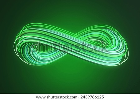 Abstract 3D infinity loop in neon green on a dark green background. Endless motion concept. 3D Rendering