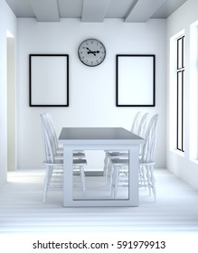 Abstract 3D interior dining room with white table and chairs. The interior of the clock on the back side and blank frame.