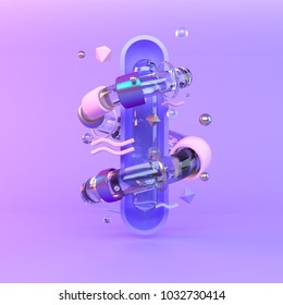 Abstract 3D metal objects violet background