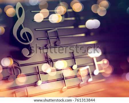 Abstract 3D music notes and treble clef floating on staff with golden bokeh lights background.3D render of musical notes and a treble clef symbol floating on a musical staff, set against a warm bokeh background with golden and purple tones. Perfect for music, entertainment, concert promotion and creative arts concepts.