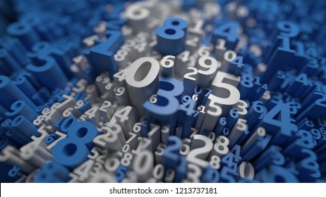 Abstract 3D Numbers Background. Computer Science Design. Algebra, Mathematics, School Symbols. Infinity Data. Numeral Wallpaper. Calculation And Statistics. Three Dimensional Rendering. White, Blue