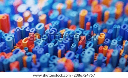 Abstract 3D Numbers Background Depth of Field Effect (DOF). Computer Science Design. Algebra, Mathematics, School Backdrop. Numeral Wallpaper. Calculation and Statistics. 3D Render.