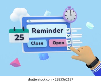  Abstract 3d reminder web screen with hand. Notification, calendar, clock floating elements. Business planning ,events, reminder, agenda concept  rendering illustration