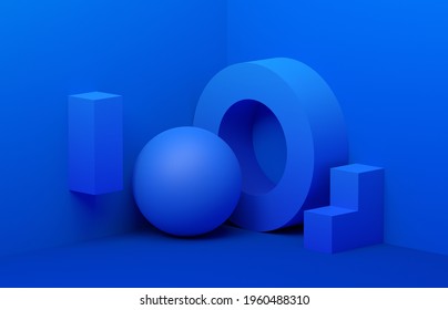 Abstract 3d Render Of Composition With Geometric Shapes, Blue Background Design