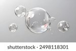 Abstract 3D render of floating liquid transparent bubbles that collide with each other over grey background
