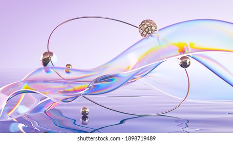 Abstract 3d Render. Glass Ribbon On Water With Geometric Circle And Spheres. Holographic Shape In Motion. Iridescent Digital Art For Banner Background, Wallpaper. Transparent Glossy Design Element.