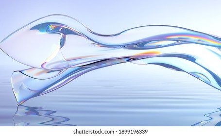 Abstract 3d render. Glass ribbon on water. Holographic shape in motion. Iridescent digital art for banner background, wallpaper. Transparent 
glossy design element flying in seascape. 