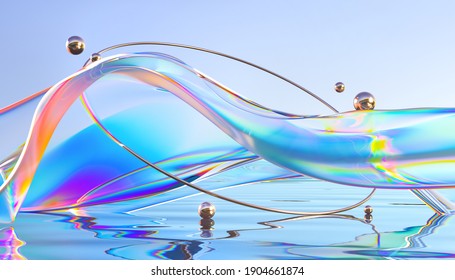 Abstract 3d Render. Glass Ribbon On Water With Geometric Circle And Spheres. Holographic Shape In Motion. Iridescent Digital Art For Banner Background, Wallpaper. Transparent Glossy Design Element.