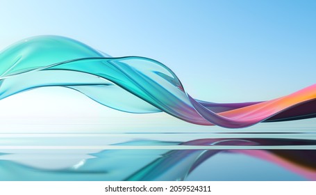 Abstrakter 3D-Rendering. Glasband auf Wasser. Holografische Form in Bewegung. Digitale Farbverlauf-Kunst für Banner-Hintergrund, Bildschirmhintergrund. Transparent 
glänzendes Design-Element, das in der Jahreszeit fliegt. 