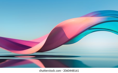 Abstract 3d render. Glass ribbon on water. Holographic shape in motion. Iridescent gradient digital art for banner background, wallpaper. Transparent 
glossy design element flying in seascape. 