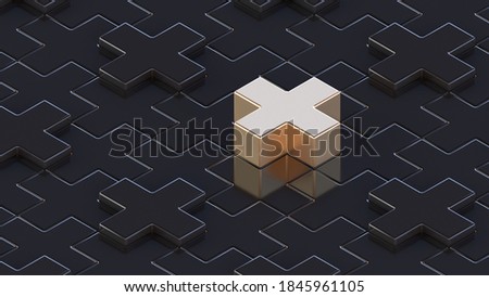 Abstract 3D render. Gold and black medical cross or x or plus. Symbols or signs. Modern pattern illustration. Background wallpaper. Health care poster or banner design. Isometric composition.