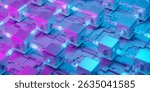 Abstract 3D render of interconnected metallic blocks linked by glowing chains, symbolizing a secure digital blockchain network and decentralized data ledger.