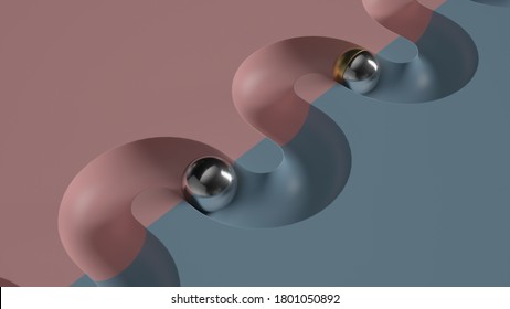 Abstract 3d render of  minimal geometry composition.  Metall ball rolling in geometry deepening.