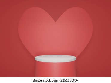 Abstract 3D render Minimal scene for Valentines day red background with pedestal podium product display and Heart Shaped. Stage for showcase.