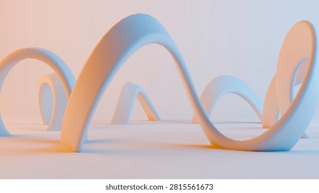 Abstract 3D render of minimalist white parametric arches sculpture array with clean floor and dual-tone lighting.