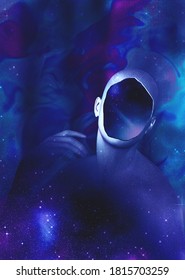 Abstract 3d render model surrounded by starry space, science fiction themed design background.