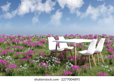 Abstract 3d render  Platform   Natural podium background  White table   chairs set the flowers   grass filed backdrop blue sky   clouds for product display etc