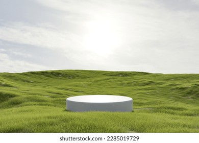 Abstract 3d render platform natural background, White podium on the grass field backdrop cloud and sky for product stand display advertising, cosmetic or etc
