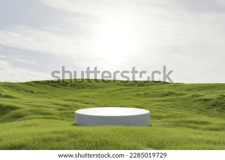 Abstract 3d render platform natural background, White podium on the grass field backdrop cloud and sky for product stand display advertising, cosmetic or etc
